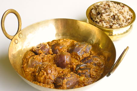 Gutti Vankaya Kura mariyu pulagam (Stuffed Brinjal Curry with Split Moong dal Rice)