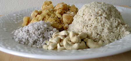 Sesame seeds made into powder, cashews, dry coconut powder, jaggery