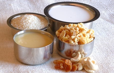 Milk, Rice, Ghee, Jaggery, Golden Raisins and Cashews ~ Ingredients for Bellam Paramannam