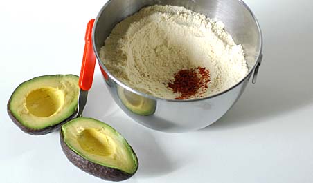 Ripe Avocado and Wheat flour with red chilli-garlic powder and salt