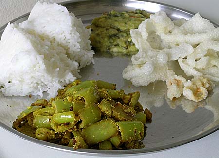 Banana Pepper Curry, Rice, Spinach Dal and Rice Vadiyaalu(papad)