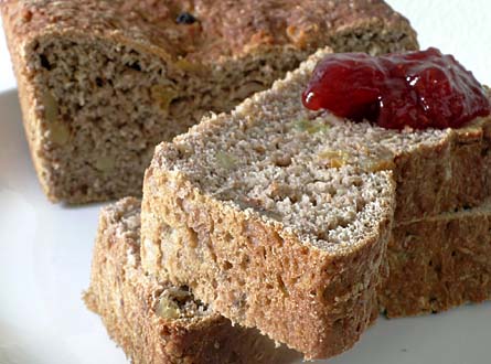 Honey Whole Wheat Bread with Walnuts and Golden Raisins with strawberry jam