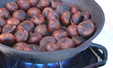 Roasting Chestnuts in an Iron Skillet on Stovetop (Almost done) 