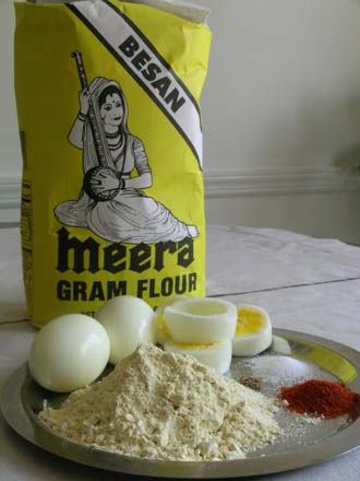 Chickpea Flour, Boiled Eggs, Red Chilli Powder, Salt and Vaamu/ajwain