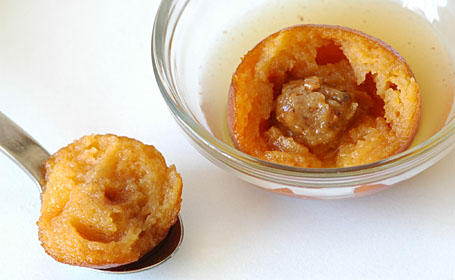 Sweet Potato Gulab Jamuns (Ranga Alur Puli) with coconut halwa filling