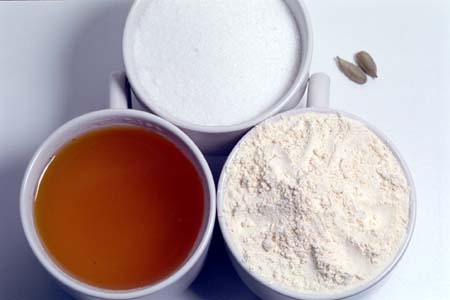 Besan Flour, Ghee, Sugar and Cardamom Pods
