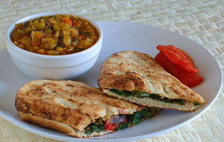  Paneer Naanini with Split Pea-Spinach Stew and Dried Sweet Mango Pieces 