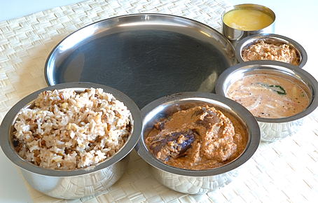 Pulagam, Stuffed Brinjal Curry with Peanuts, Peanut-Jaggery Chutney, Peanut Pacchi Pulusu and Homemade Ghee