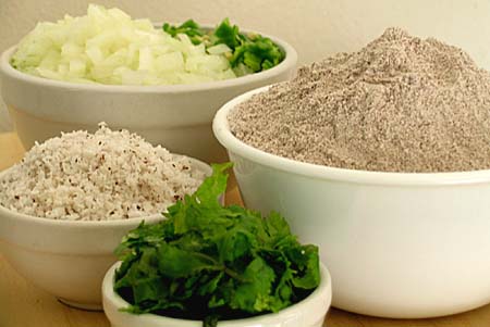 Ragi Flour, Onion, Green Chilli, Fresh Coconut and Cilantro - Ingredients for Ragi Dosa or Utappam
