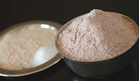 Ragi Flour, Rice and Salt - Ingredeints for Ragi Mudda